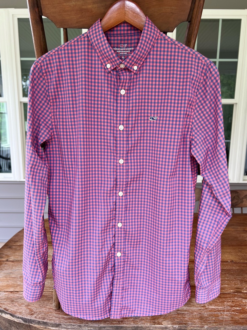 Boys Vineyard Vines Button Down Whale Dress Shirt Pink Blue Checked Size 18 XL